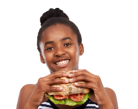 Portrait, sandwich and health with a black girl on a diet isolated on a transparent background for nutrition. Face, bread and organic with a young female person eating a healthy food snack on PNG - Powered by Adobe