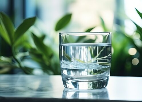 Glass of pure water on kitchen table. Created with Generative AI technology.