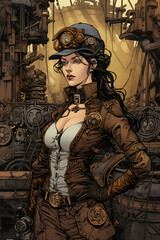 Fototapeta premium Steampunk Woman Comic Book Graphic Novel Style. Generative AI. A digital illustration of a steampunk woman in the graphic novel art style. 