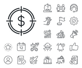 Aim symbol. Salaryman, gender equality and alert bell outline icons. Target with Dollar line icon. Cash or Money sign. Dollar Target line sign. Spy or profile placeholder icon. Vector