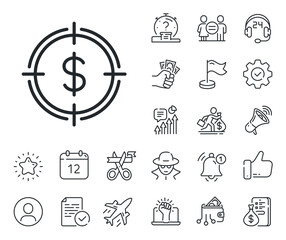 Fototapeta premium Aim symbol. Salaryman, gender equality and alert bell outline icons. Target with Dollar line icon. Cash or Money sign. Dollar Target line sign. Spy or profile placeholder icon. Vector