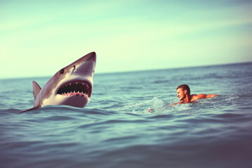 Fototapeta premium Illustration of man in sea during shark attack
