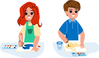 painting boy girl vector. child paint, kid children, school happy, young little, painter cute painting boy girl character. people flat cartoon illustration