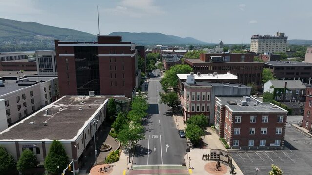 Downtown Williamsport, Pennsylvania with drone video pulling back.