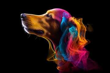 Very cute dog with colorful dust and smoke on white background