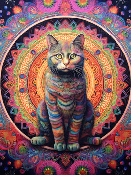 Beautiful bright colored image of a cat mandala