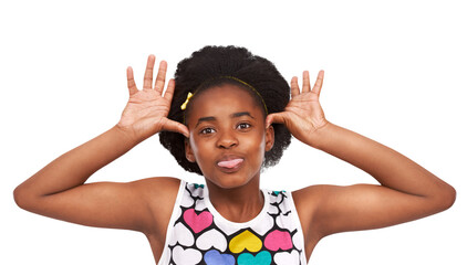 Black girl, child teaser and tongue out in portrait with funny face isolated on transparent png...