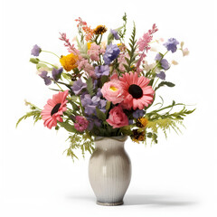 Bouquet of flowers in a porcelain vase, many colors, beautiful floral composition, mother's day, valentine's day,  pastel colors, on a white background, made with generative AI