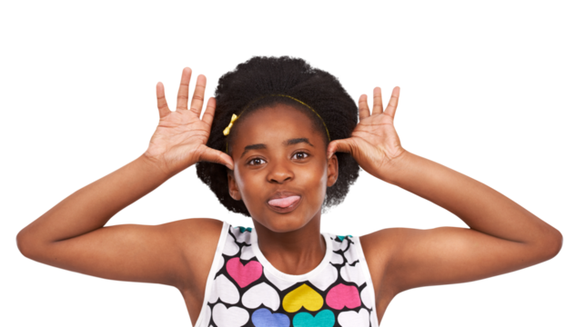 Black girl, child teaser and tongue out in portrait with funny face isolated on transparent png background. Young female person mock with silly expression, hand gesture and joke, comic and playful