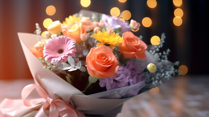 Roses and flower bouquet wrapped in kraft paper, gifting a bouquet, wrapping, beautiful, blurry background and warm light, bouquet on table, made with Generative AI