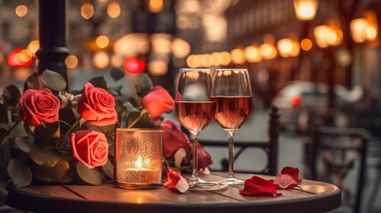 romantic evening glass of wine and roses  on table in cafe street on sunset ,Valentine day greetings party,generated ai