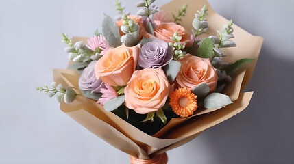 Roses and flower bouquet wrapped in kraft paper, gifting a bouquet, wrapping, beautiful, blurry background and warm light, bouquet on table, made with Generative AI