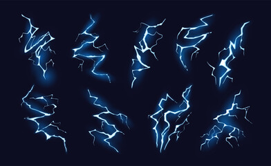 Cartoon lightning effect. Electricity discharge, bright thunderbolt hit and magic electric strike vector illustration set - obrazy, fototapety, plakaty