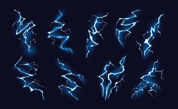Cartoon lightning effect. Electricity discharge, bright thunderbolt hit and magic electric strike vector illustration set