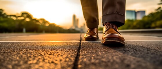 The businessman walks on the road and starts to succeed. Close-up of shoes walking, goal, and target concept. generative AI. - obrazy, fototapety, plakaty