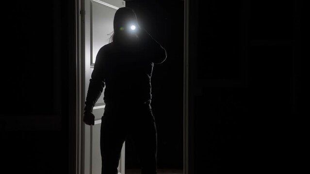 Silhouette Of A Robber Entering Dark Room With Flashlight. medium shot