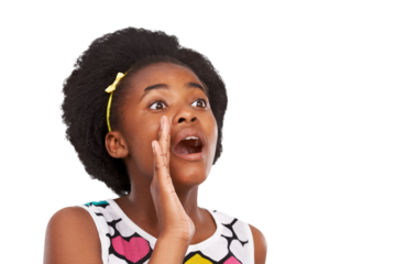 Black girl, teen and shout or calling with hand to mouth for attention, news or announcement. African child or teenager face or voice emoji isolated on transparent, png background to speak or gossip