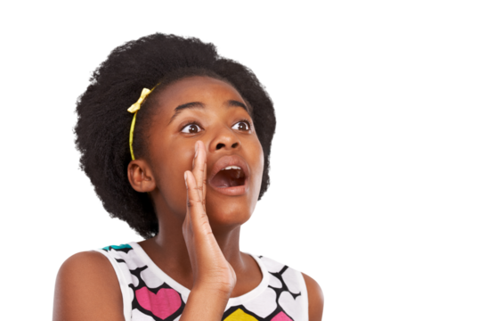 Black girl, teen and shout or calling with hand to mouth for attention, news or announcement. African child or teenager face or voice emoji isolated on transparent, png background to speak or gossip