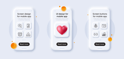 Obraz premium Seo message, Paint and Eyeglasses line icons pack. 3d phone mockups with heart. Glass smartphone screen. Search, Skin condition, Waterproof web icon. Startup, Graph phone pictogram. Vector