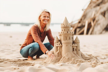 Illustration of mature senior female building sand castle