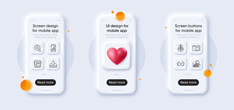 Seo message, Paint and Eyeglasses line icons pack. 3d phone mockups with heart. Glass smartphone screen. Search, Skin condition, Waterproof web icon. Startup, Graph phone pictogram. Vector