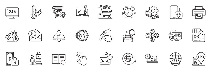 Fototapeta na wymiar Icons pack as Electricity power, Card and Global engineering line icons for app include Furniture, Cursor, Car secure outline thin icon web set. 5g internet, Grocery basket, Lock pictogram. Vector