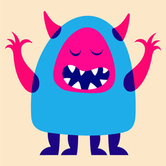 Cartoon monster. Design for print, sticker, party decoration, logo, emblem, magazine prints or journal article, t-shirt design, poster. Vector illustration with Riso print effect