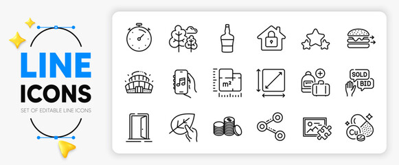 Share, Timer and Stars line icons set for app include Lock, Music app, Open door outline thin icon. Food delivery, Add handbag, Floor plan pictogram icon. Tree, Bid offer, Banking money. Vector