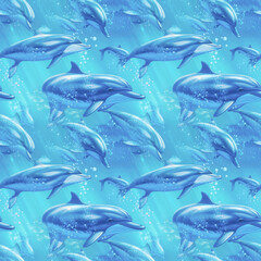 Seamless background of dolphins in the ocean. AI generated