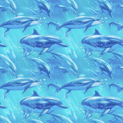 Fototapeta premium Seamless background of dolphins in the ocean. AI generated