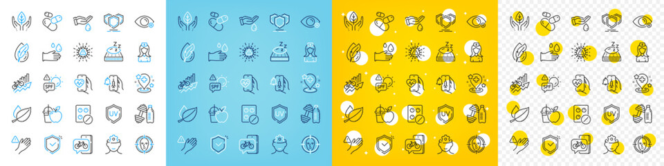 Vector icons set of Vaccine announcement, Shield and Hypoallergenic tested line icons pack for web with Farsightedness, Dont touch, Cardio training outline icon. Mint leaves. Vector