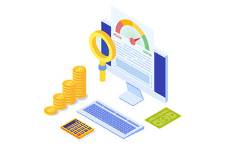 Credit score app with rating scale from poor to good rate.  Isometric Vector illustration.