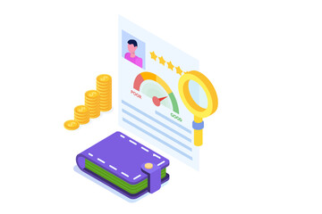 Credit score app with rating scale from poor to good rate.  Isometric Vector illustration.