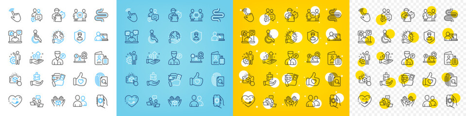 Vector icons set of Delivery man, Analysis graph and Teamwork line icons pack for web with Yummy smile, Security app, Rent car outline icon. Users, Equality, Hold box pictogram. Vector