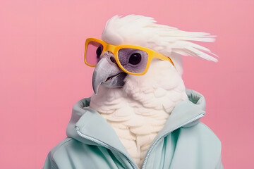 White bird parrot cockatoo wearing glasses and blue hoodie clothes on a pink pastel background. Generated AI.