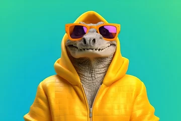 Fotobehang A cool crocodile in a yellow hoodie and glasses looks at the camera. The concept of creative style and fun. Generated AI. © sergign