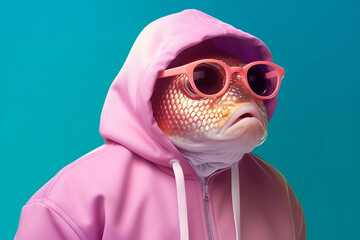 Fish in hoodies and pastel-colored glasses. An unexpected playful joke. Generative AI