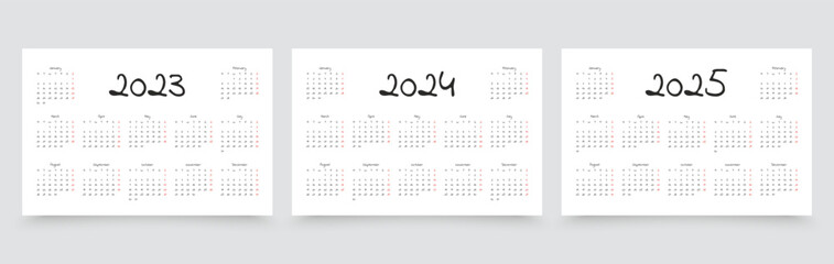 2023, 2024, 2025 years calendar. Simple calender template. Week starts Monday. Desk planner layout with 12 months. Yearly organizer in English. Pocket or wall horizontal formats. Vector illustration.
