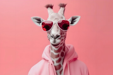 Humor giraffe with glasses and hoodie on a pastel background. The concept of a joke of fashion and style. Generative AI - obrazy, fototapety, plakaty