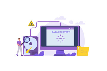 Data recovery, repairing HDD, data storage backup concept. Vector illustration