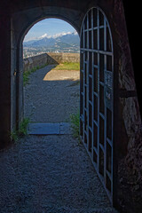 GRENOBLE, FRANCE, June 12, 2023 : A door from the fortress of La Bastille, overlooking the city as...
