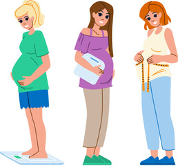 weight pregnancy vector. woman pregnant, baby maternity, belly motherhood, birth care, female gain weight pregnancy character. people flat cartoon illustration
