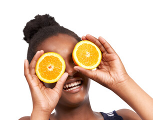 Face, orange and wellness with a black woman laughing isolated on a transparent background for nutrition. Beauty, skincare and health with a happy female model holding fruit for a detox diet on PNG