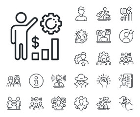 Work results sign. Specialist, doctor and job competition outline icons. Employees wealth line icon. Money chart symbol. Employees wealth line sign. Avatar placeholder, spy headshot icon. Vector
