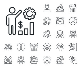 Fototapeta premium Work results sign. Specialist, doctor and job competition outline icons. Employees wealth line icon. Money chart symbol. Employees wealth line sign. Avatar placeholder, spy headshot icon. Vector