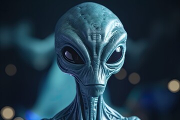 Alien UFO in a blue space with stars above its head against a blurred blue background. Generative AI