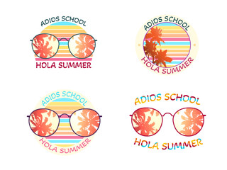 Summer design collection Adios School, Hola Summer text with a sunglasses and palm trees silhouettes. Illustration on transparent background © tiena