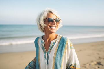 Illustration of mature senior woman on beach coast