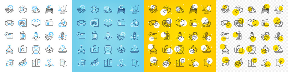 Vector icons set of Parking app, Passport and Send box line icons pack for web with Inventory cart, Lighthouse, Metro outline icon. Eu close borders, Charging station, Station pictogram. Vector
