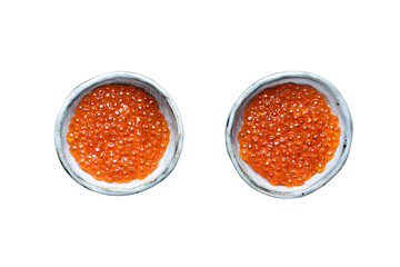 Red fresh grainy salmon caviar in metal spoon on white background with clipping path. Full Depth of...